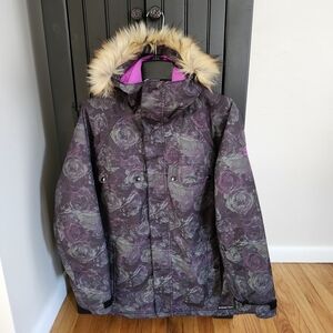 686 Women's Ski Jacket with Purple Floral Pattern and Faux Fur Hood